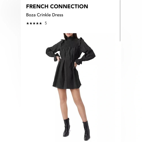 French Connection black boza crinkle dress long sleeve mock neck smocked size S - Picture 6 of 9
